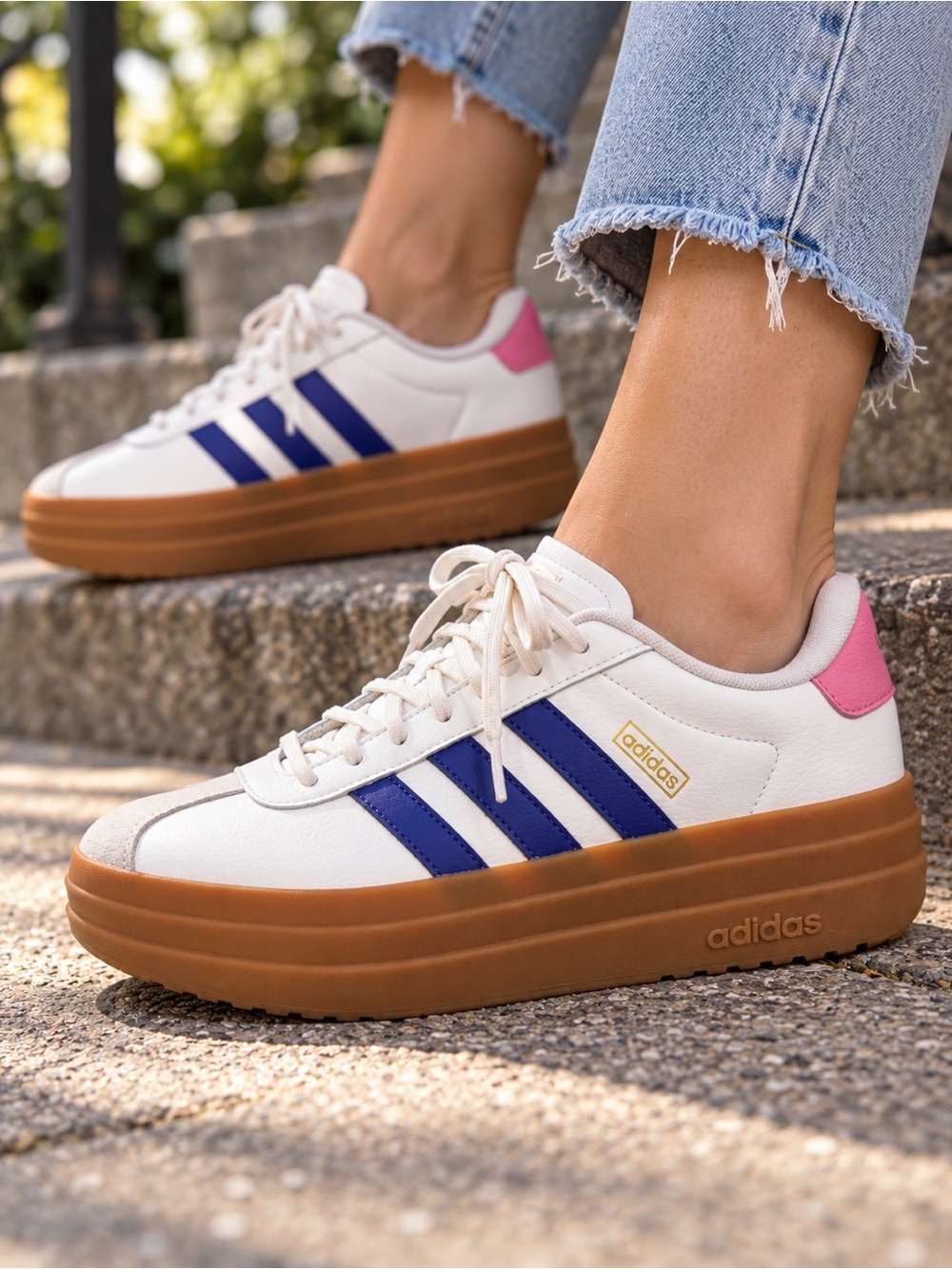 ADIDAS Stacks Women's White Sneakers with Blue Stripes and Pink Heel